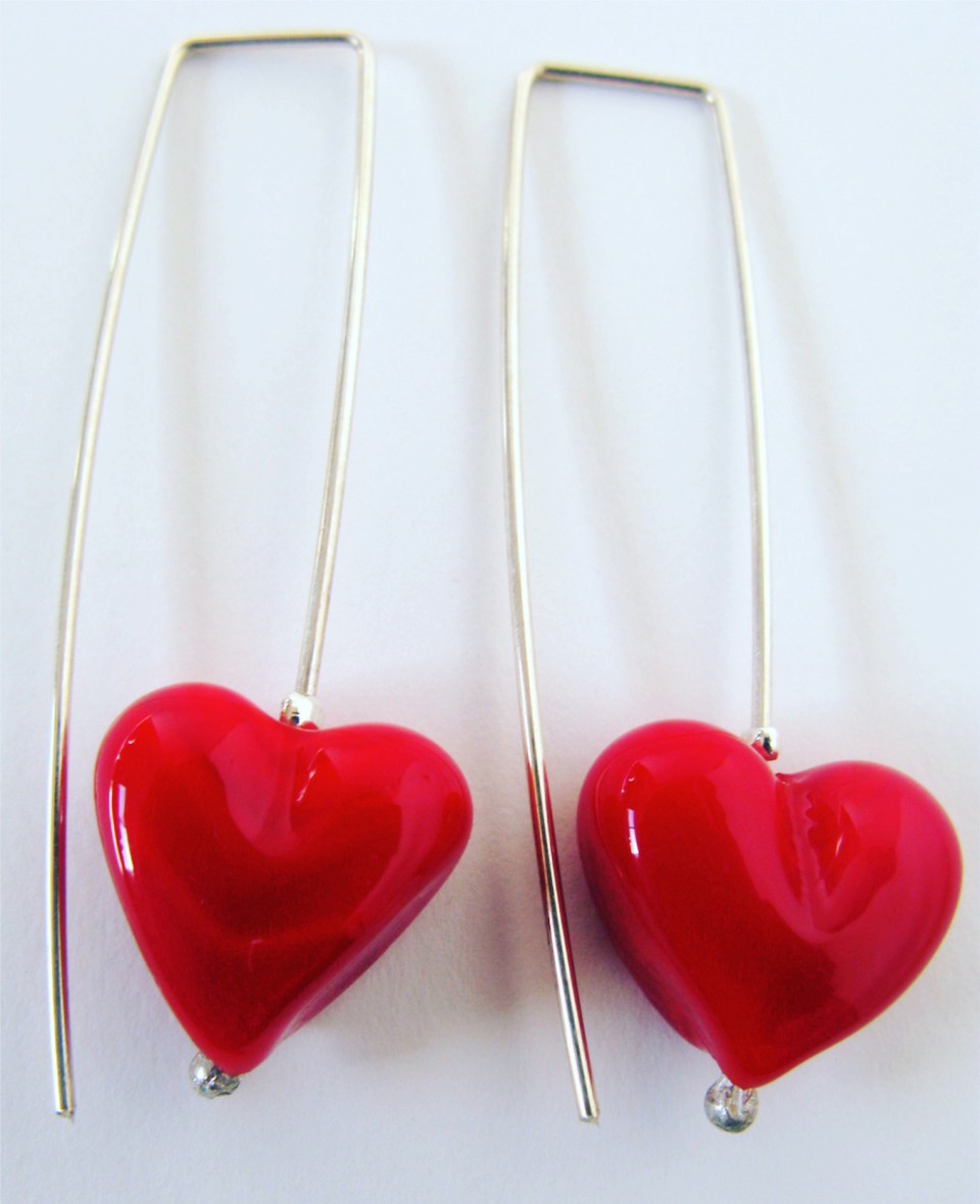 Long Red Glass Heart earrings by Julie Frahm