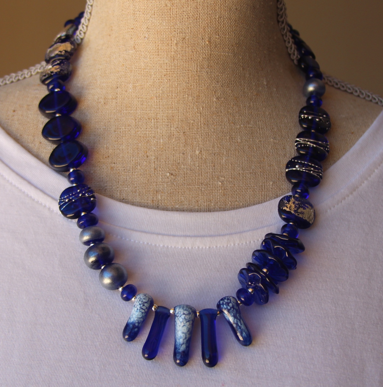 Asymmetrical necklaces – modelled – Julie Frahm – Glass Jewellery